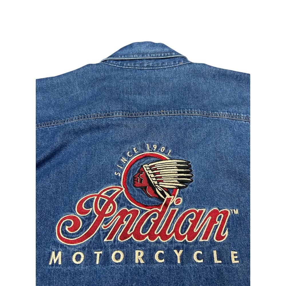 Vintage Indian Motorcycle Shirt Mens 3XL Blue Denim Chambray Embroidered Biker